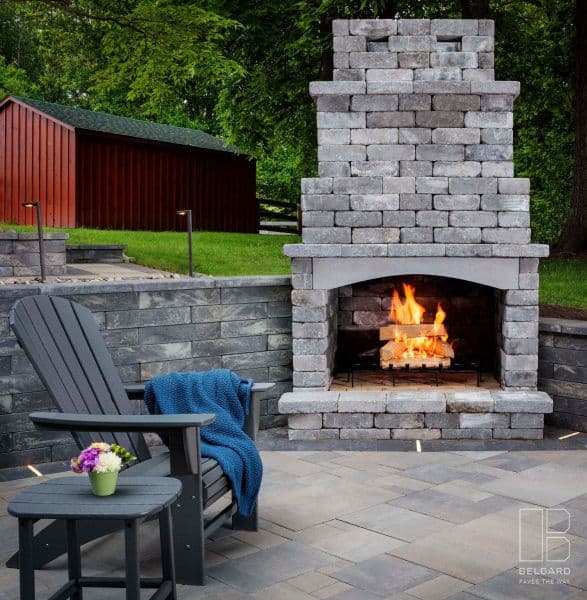 outdoor patio deck with fireplace